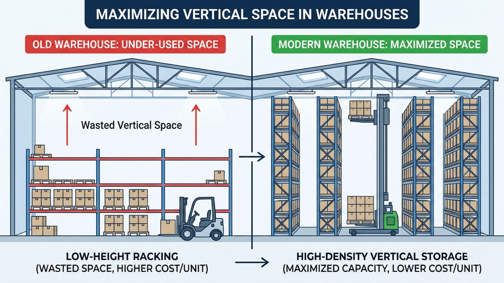 Warehouse vertical space utilization comparison showing low-height storage versus high-density vertical racking