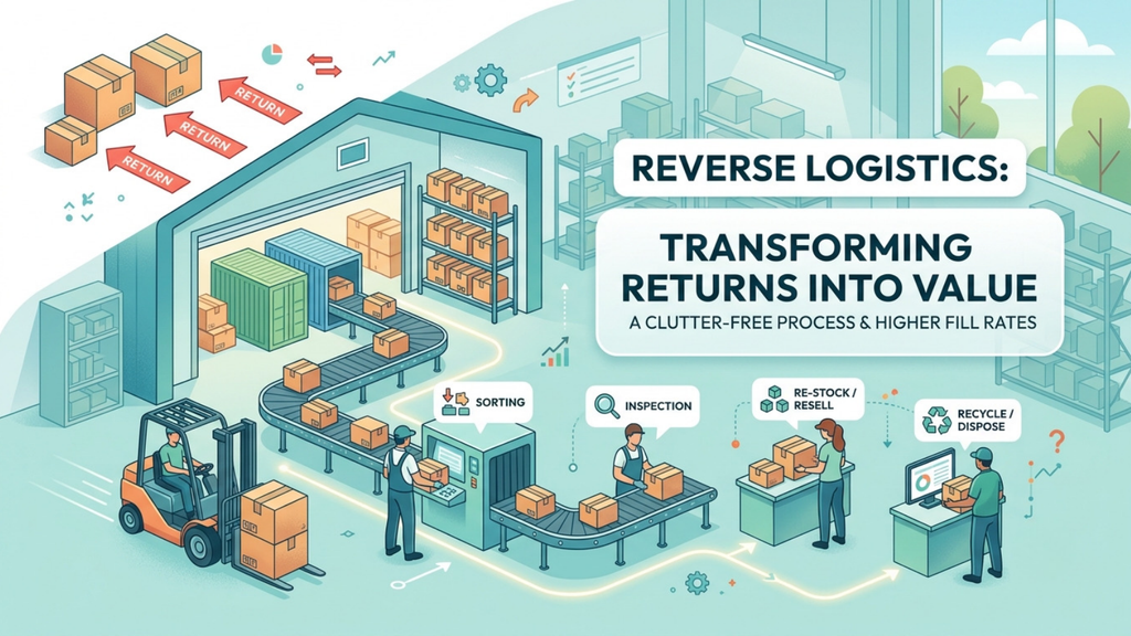 Reverse logistics workflow showing returned products moving through inspection, sorting, restocking, resale, or disposal
