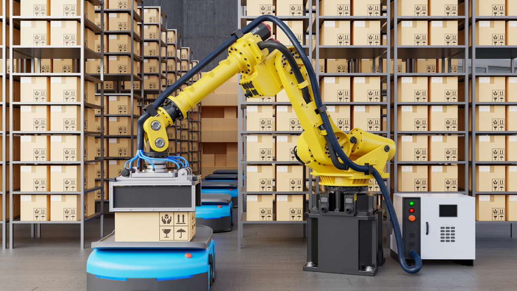 Warehouse automation and robotics showing a robotic arm and automated guided vehicle handling warehouse inventory