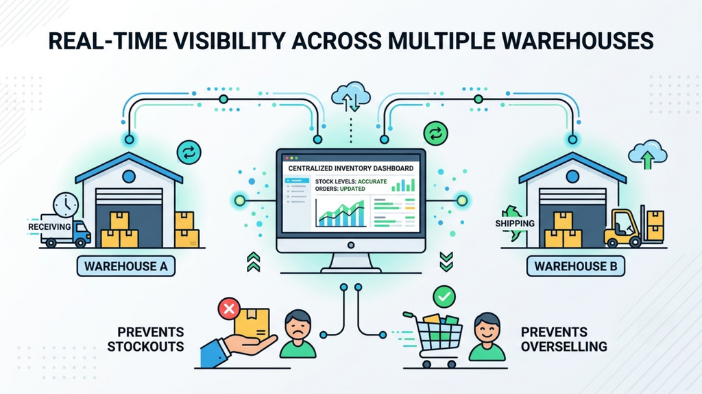 Real-time multi-warehouse visibility showing two warehouses connected to a centralized inventory dashboard to prevent stockouts and overselling