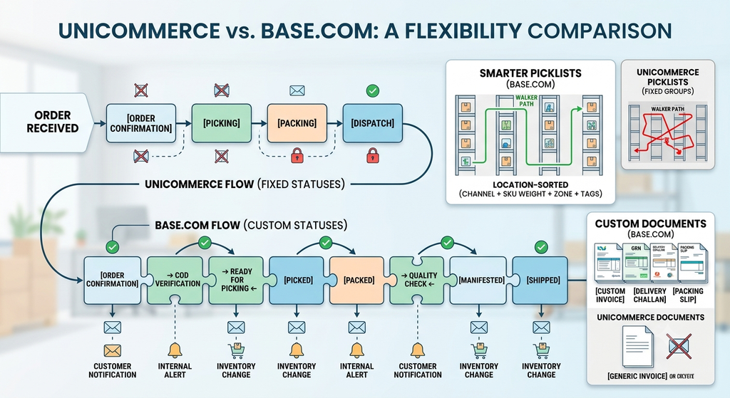 Unicommerce vs Base.com flexibility comparison showing differences in warehouse workflows, inventory, orders, channels, and custom documents