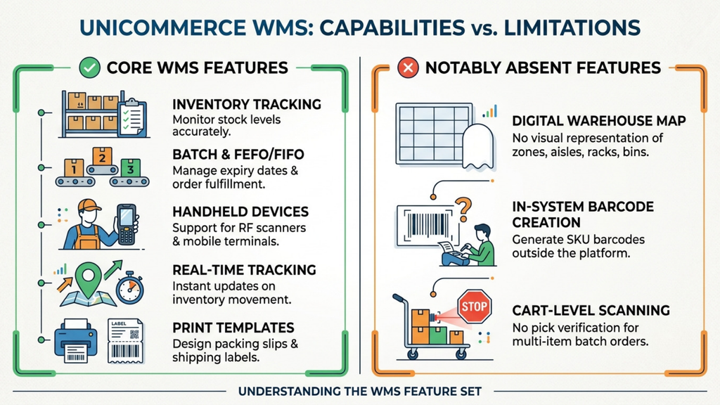 Unicommerce WMS capabilities comparison showing warehouse features, inventory tracking, barcode scanning, real-time tracking, and system limitations