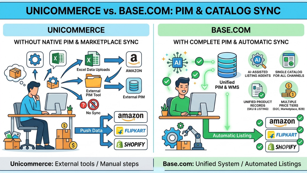 Unicommerce vs Base.com PIM and catalog sync comparison showing manual marketplace listing processes versus automated product data synchronization