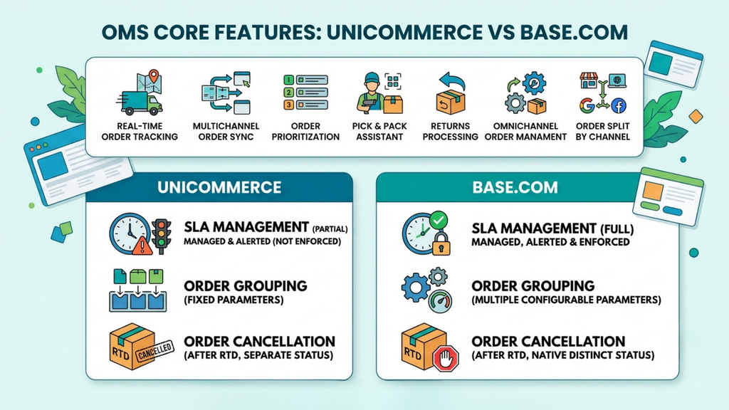 Unicommerce vs Base.com OMS capabilities comparison showing differences in order grouping, cancellation, processing, and channel management