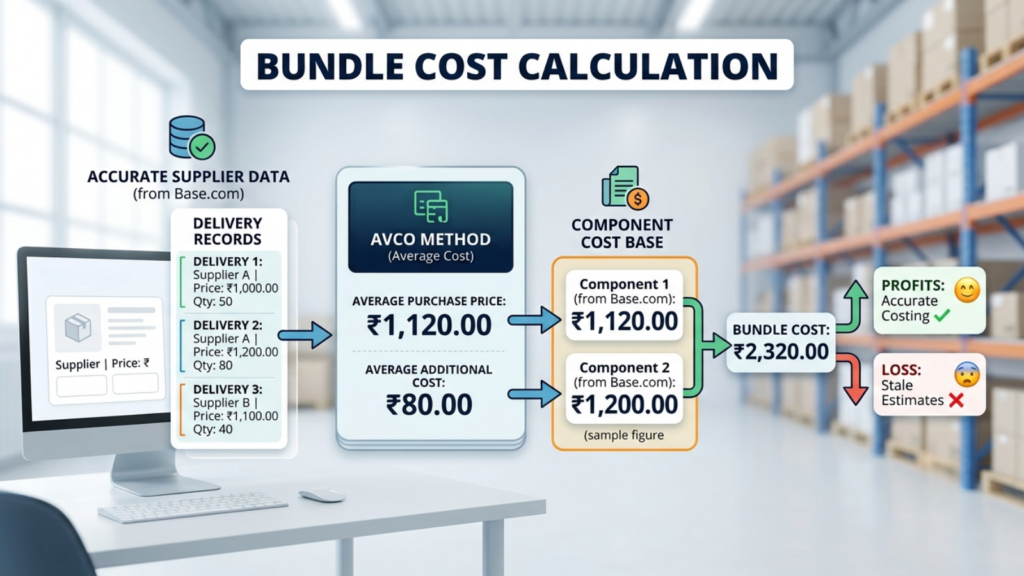 Bundle cost calculation showing AVCO purchase price, component costs, marketplace fees, fulfillment, returns, and profit
