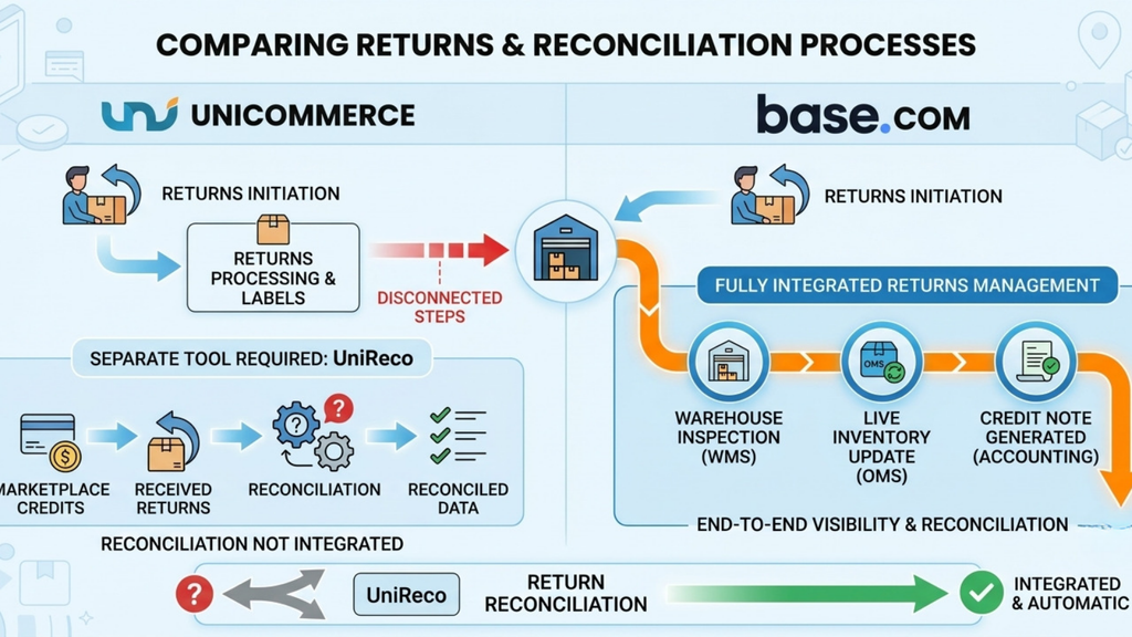 Unicommerce vs Base.com returns and reconciliation comparison showing return initiation, inspection, reconciliation, and inventory updates