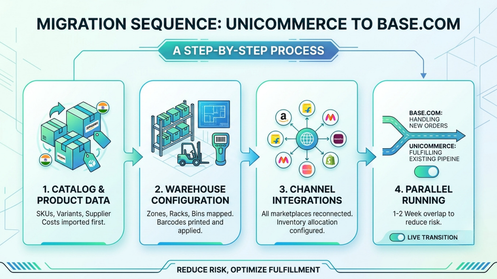 Unicommerce to Base.com migration sequence showing catalog and product data, warehouse configuration, channel integrations, and parallel running