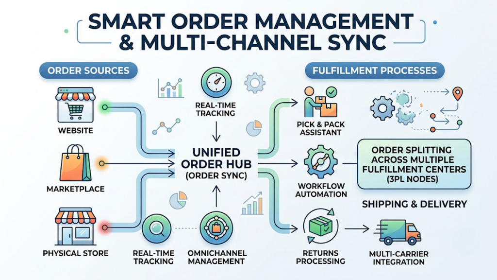 Smart order management and multi-channel fulfillment workflow connecting websites, marketplaces, physical stores, inventory, picking, shipping, and returns