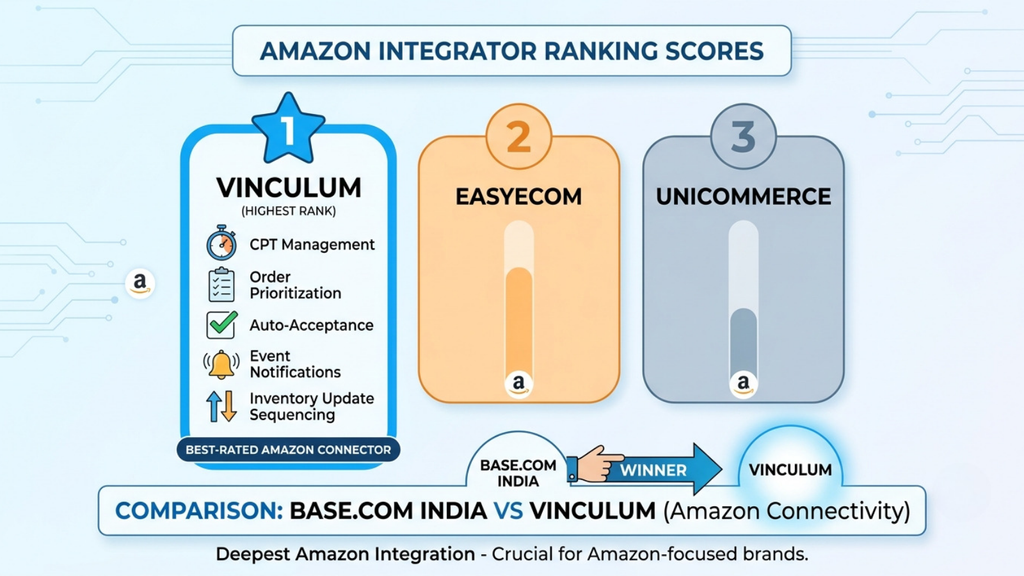 Amazon integrator ranking comparison showing Vinculum, EasyEcom, and Unicommerce scores for marketplace connectivity