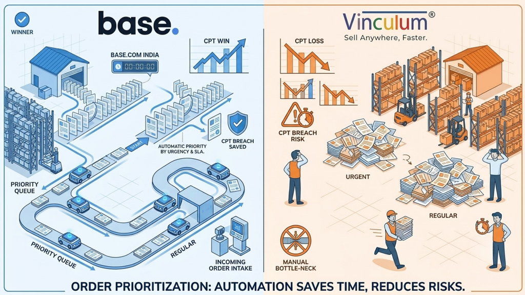 Base.com versus Vinculum order prioritization comparison showing automated CPT-based priority versus manual urgent and regular order handling