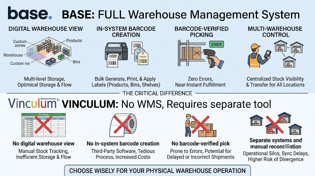 Base.com versus Vinculum warehouse management comparison showing digital warehouse creation, barcode verification, picking, packing, and multi-warehouse control