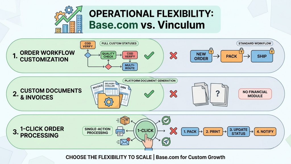 Base.com versus Vinculum operational flexibility comparison covering custom workflows, custom documents, and one-click order processing