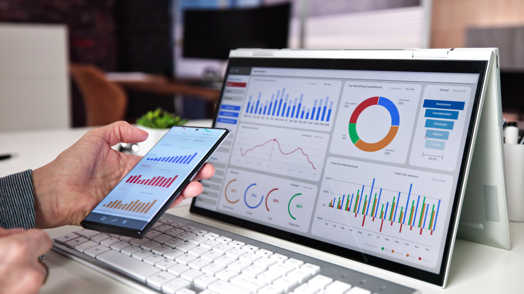 Business analytics dashboard showing charts and financial data used to monitor operational and financial performance