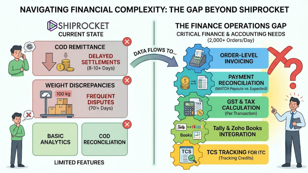 Financial operations comparison showing Shiprocket's shipping-focused capabilities versus OMS-based invoicing, payment reconciliation, GST, Tally, Zoho Books, and TCS tracking