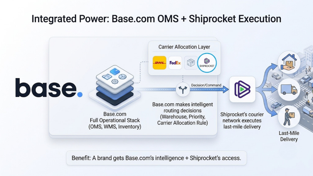 Integrated OMS and Shiprocket workflow showing Base.com making warehouse, priority, and carrier decisions while Shiprocket executes last-mile delivery