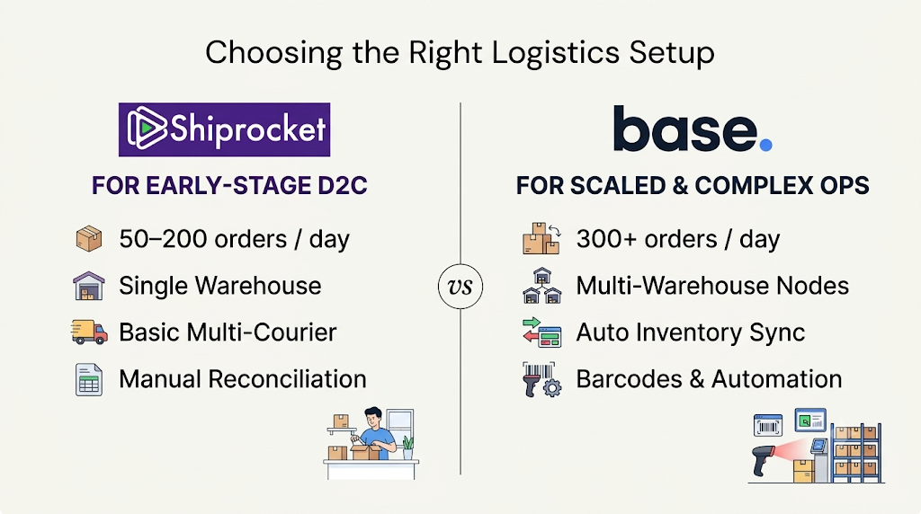 Shiprocket versus Base.com logistics setup comparing early-stage single-warehouse operations with scaled multi-warehouse operations and automation
