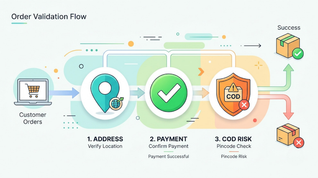 Order validation workflow showing address checks, payment confirmation, and COD risk assessment before fulfilment

