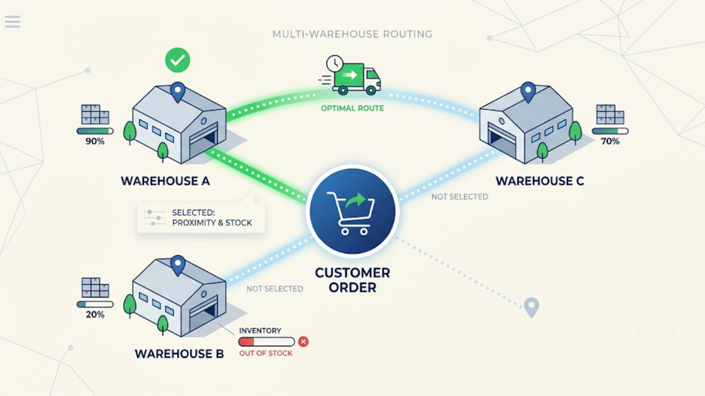 Multi-warehouse order routing diagram showing orders assigned based on stock availability, delivery proximity, and courier cut-off times