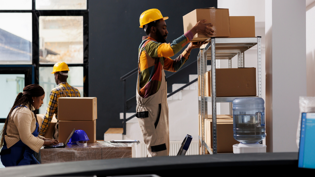 Warehouse picking and packing scene showing workers scanning, packing, and preparing ecommerce orders for dispatch
