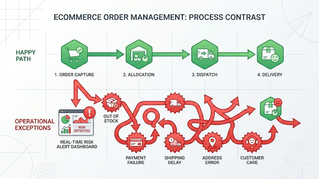 Customer experience graphic showing order confirmation, dispatch notifications, delivery reminders, and return status updates
