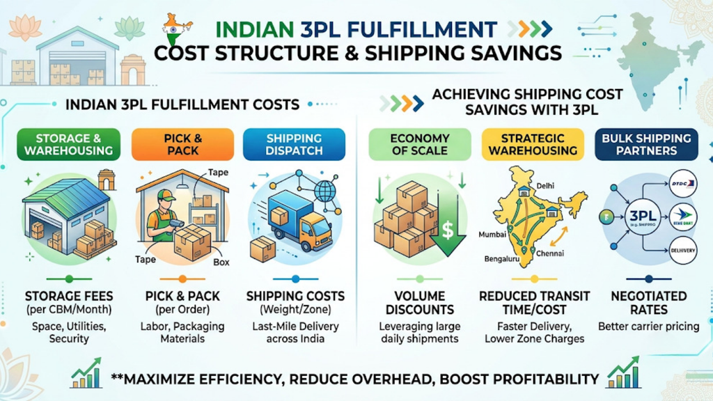 Indian fulfillment cost structure showing warehouse space, pick and pack, shipping, volume discounts, and 3PL savings