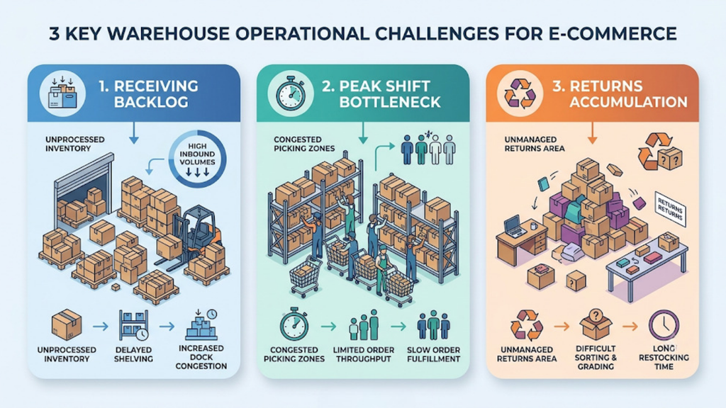 Three key warehouse challenges showing receiving backlogs, peak shift bottlenecks, and returns accumulation in ecommerce operations