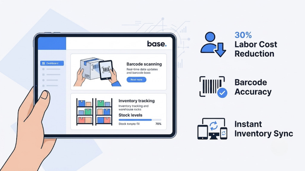 Warehouse management system benefits showing barcode accuracy, inventory tracking, and reduced fulfillment labor costs
