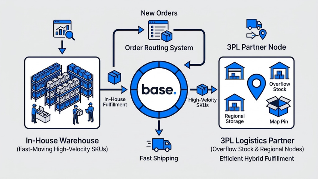 Hybrid fulfillment model showing an in-house warehouse, 3PL partner nodes, regional overflow, and high-velocity SKU fulfillment