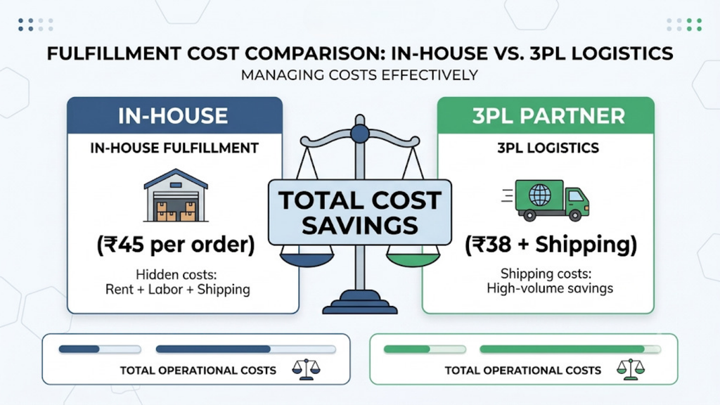 In-house versus 3PL fulfillment cost comparison showing per-order costs and total operational savings