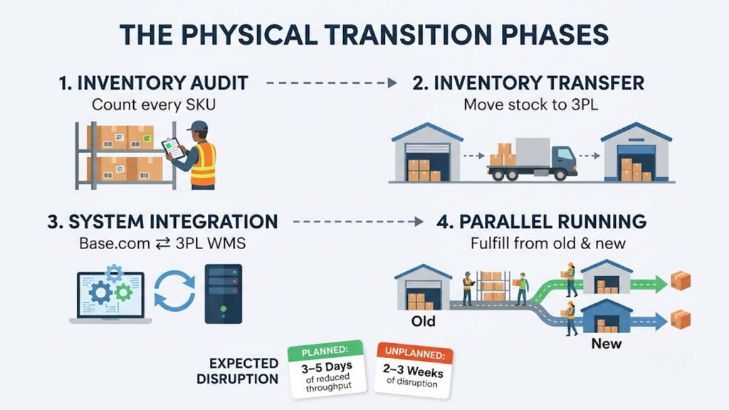 Physical transition phases from in-house fulfillment to 3PL covering inventory audit, stock transfer, system integration, and parallel running
