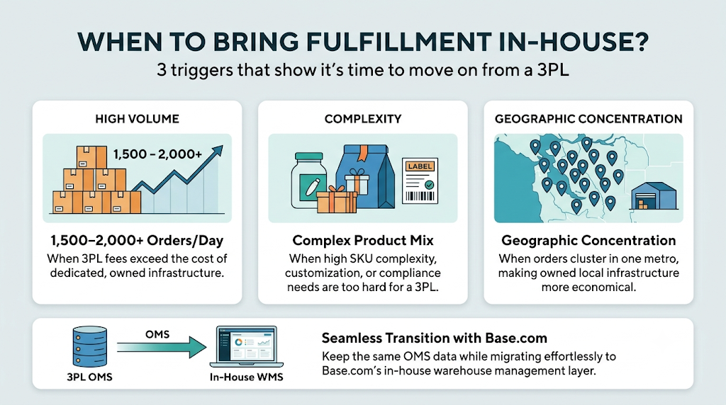 Fulfillment transition framework showing when brands should bring operations in-house based on order volume, product complexity, and geographic concentration