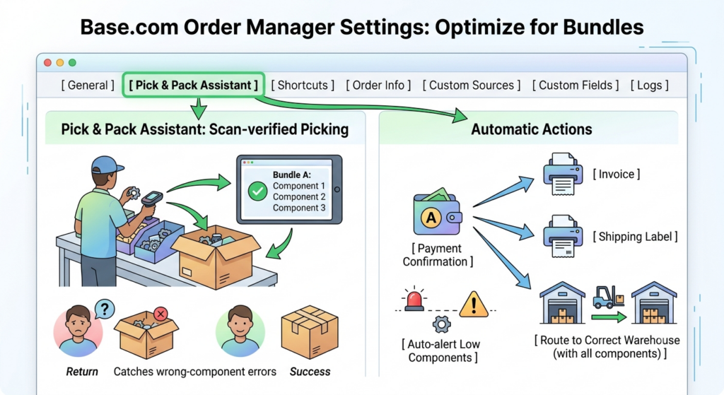 Base.com Order Manager settings showing scan-verified picking and automatic actions for bundle fulfillment
