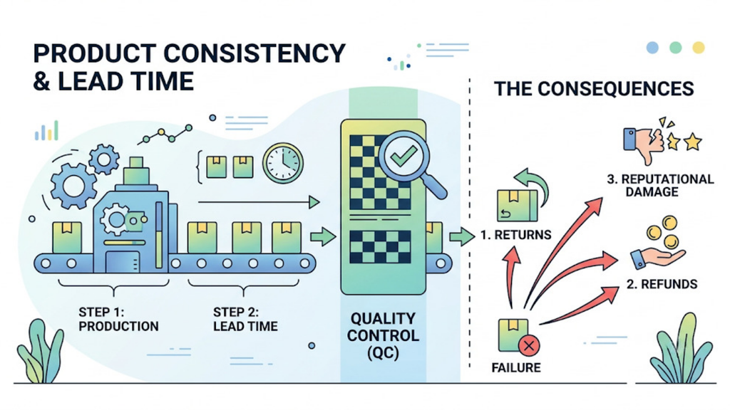 Manufacturing and quality control process showing production, lead time, product inspection, and the impact of quality failures