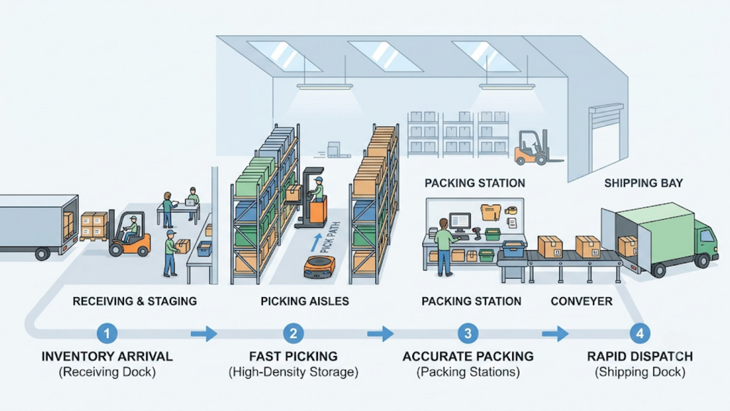 Warehouse fulfillment workflow showing receiving, staging, fast picking, accurate packing, and rapid dispatch