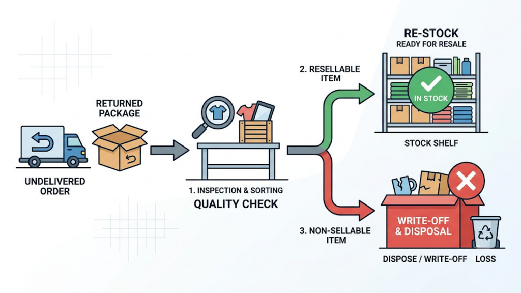 Reverse logistics workflow showing returned packages moving through inspection, sorting, restocking, or disposal