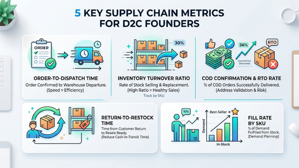Supply chain metrics dashboard for D2C founders showing order-to-dispatch time, inventory turnover, COD and RTO rate, return-to-restock time, and fill rate