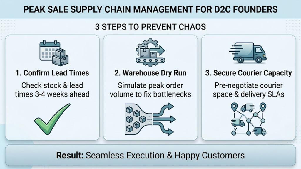 Peak sale supply chain management framework showing lead-time confirmation, warehouse dry runs, and courier capacity planning