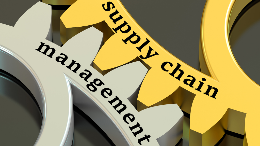 Supply chain management concept showing interconnected processes across sourcing, inventory, logistics, and business operations