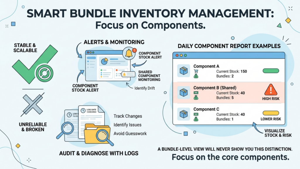 Operational setup showing product catalog, inventory control, pricing, synchronization, fulfillment, and component alerts working together
