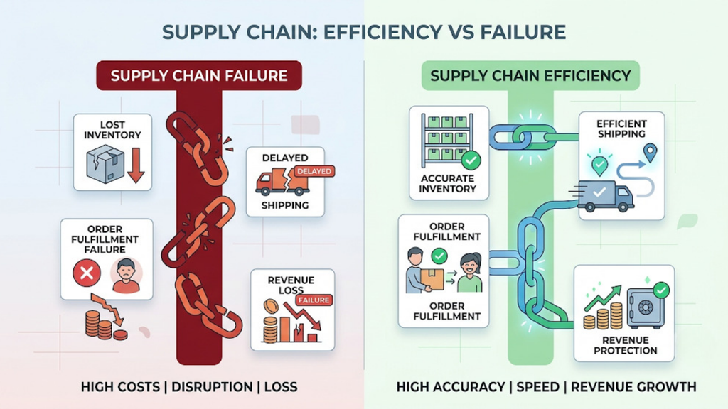 Supply chain efficiency versus failure comparison showing inventory accuracy, order fulfillment, shipping performance, and revenue impact