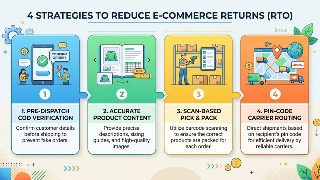 Four strategies to reduce ecommerce returns showing COD verification, accurate product content, scan-based pick and pack, and pin-code carrier routing