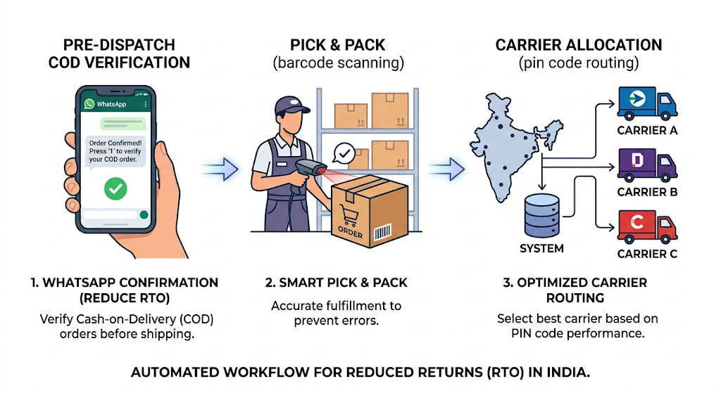 Automated ecommerce workflow showing pre-dispatch COD verification, barcode-based pick and pack, and optimized carrier routing to reduce RTO