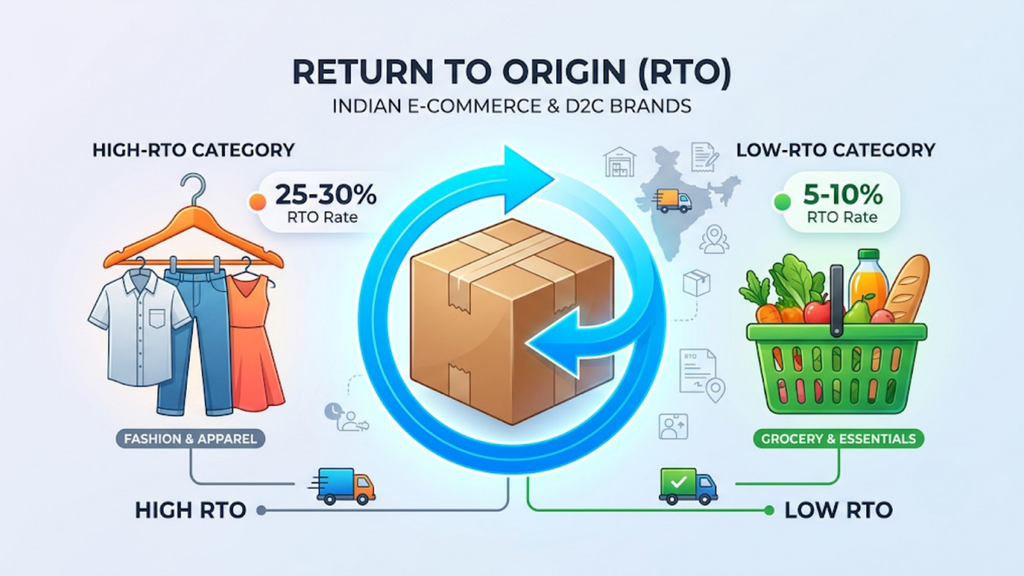 Return to Origin infographic comparing high-RTO and low-RTO ecommerce categories and showing the impact of delivery performance