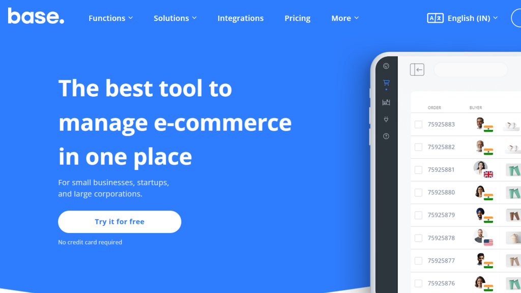 Base.com ecommerce order management platform showing centralized order processing, marketplace connections, and fulfillment management
