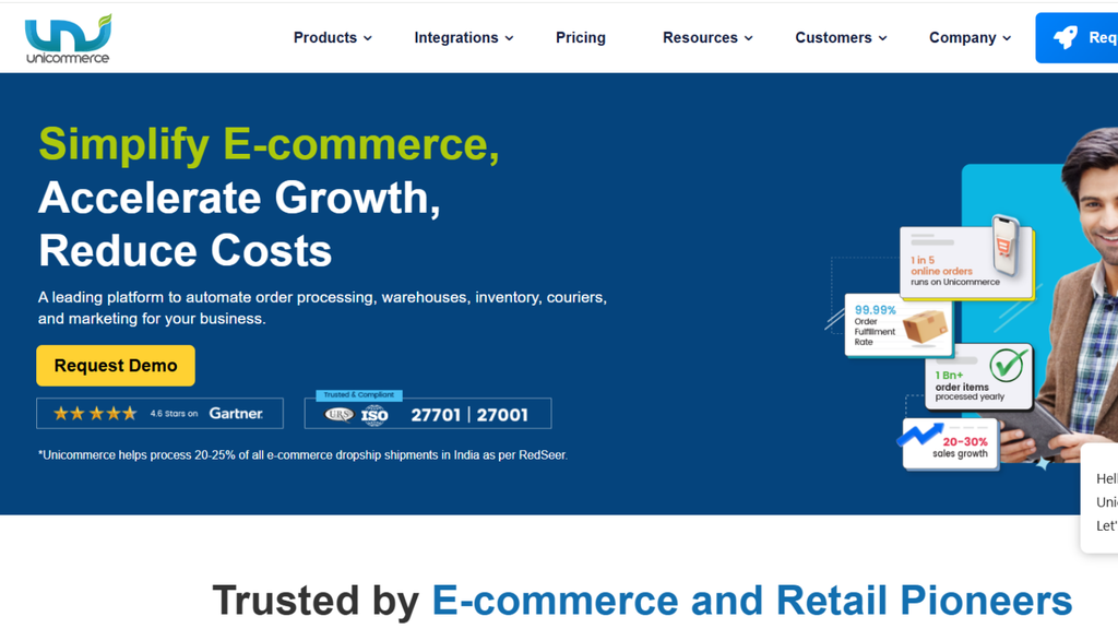 Unicommerce ecommerce management platform showing order processing, warehouse management, inventory control, and marketplace operations