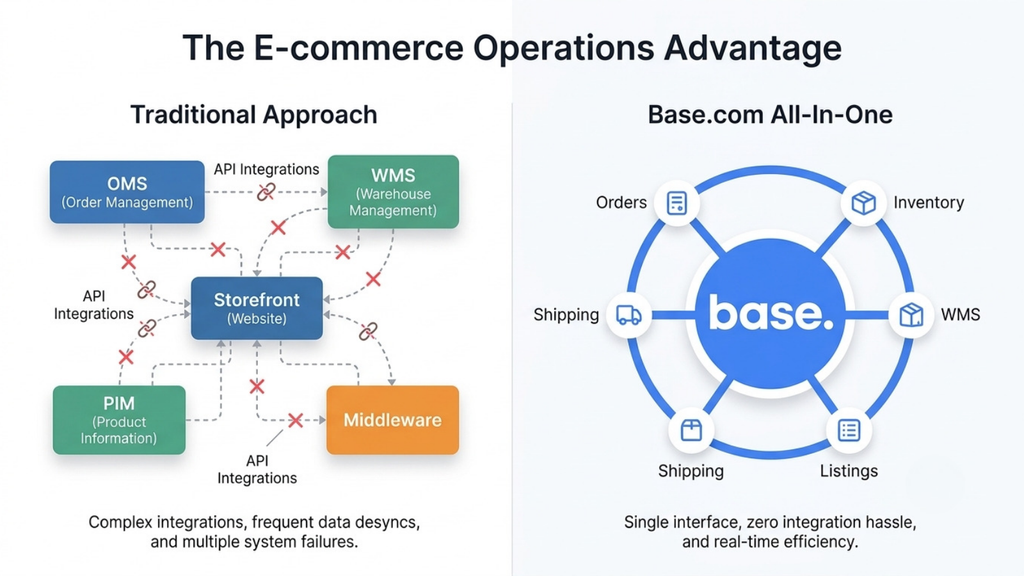 Comparison of traditional ecommerce operations with an integrated platform connecting orders, inventory, WMS, PIM, shipping, and listings