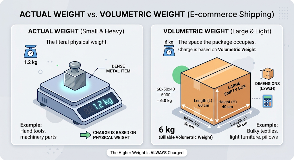 Actual versus volumetric weight comparison showing how parcel dimensions can increase the billable shipping weight