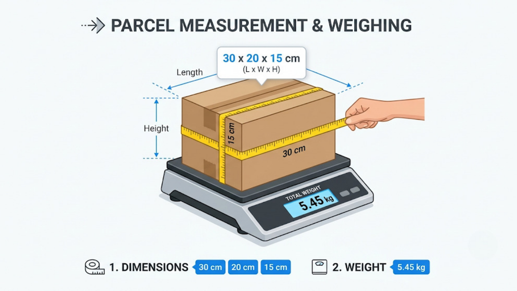 Parcel measurement and weighing process showing packed dimensions and actual weight used to calculate shipping charges