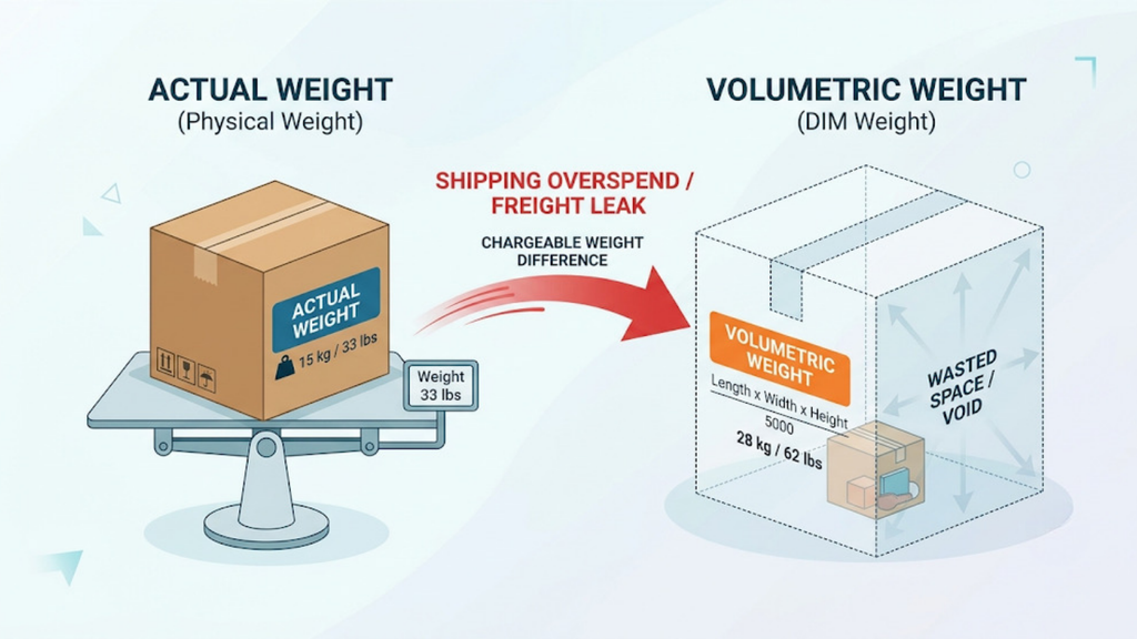 Actual versus volumetric weight illustration showing how oversized packaging can create shipping overspend for bulky products