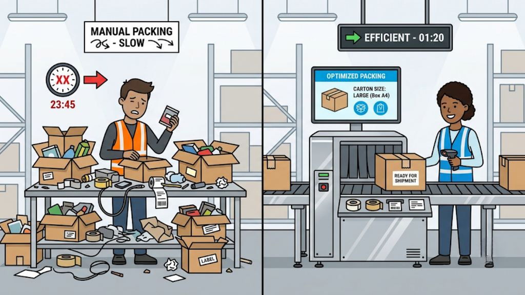 Manual versus efficient packing workflow showing how better packing processes can reduce dispatch time and improve shipping efficiency